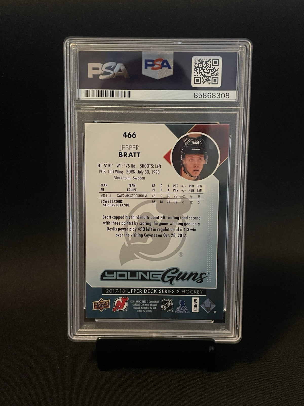 Jesper Bratt Signed 2017 Young Guns PSA Rookie Auto 10 RC Autographed