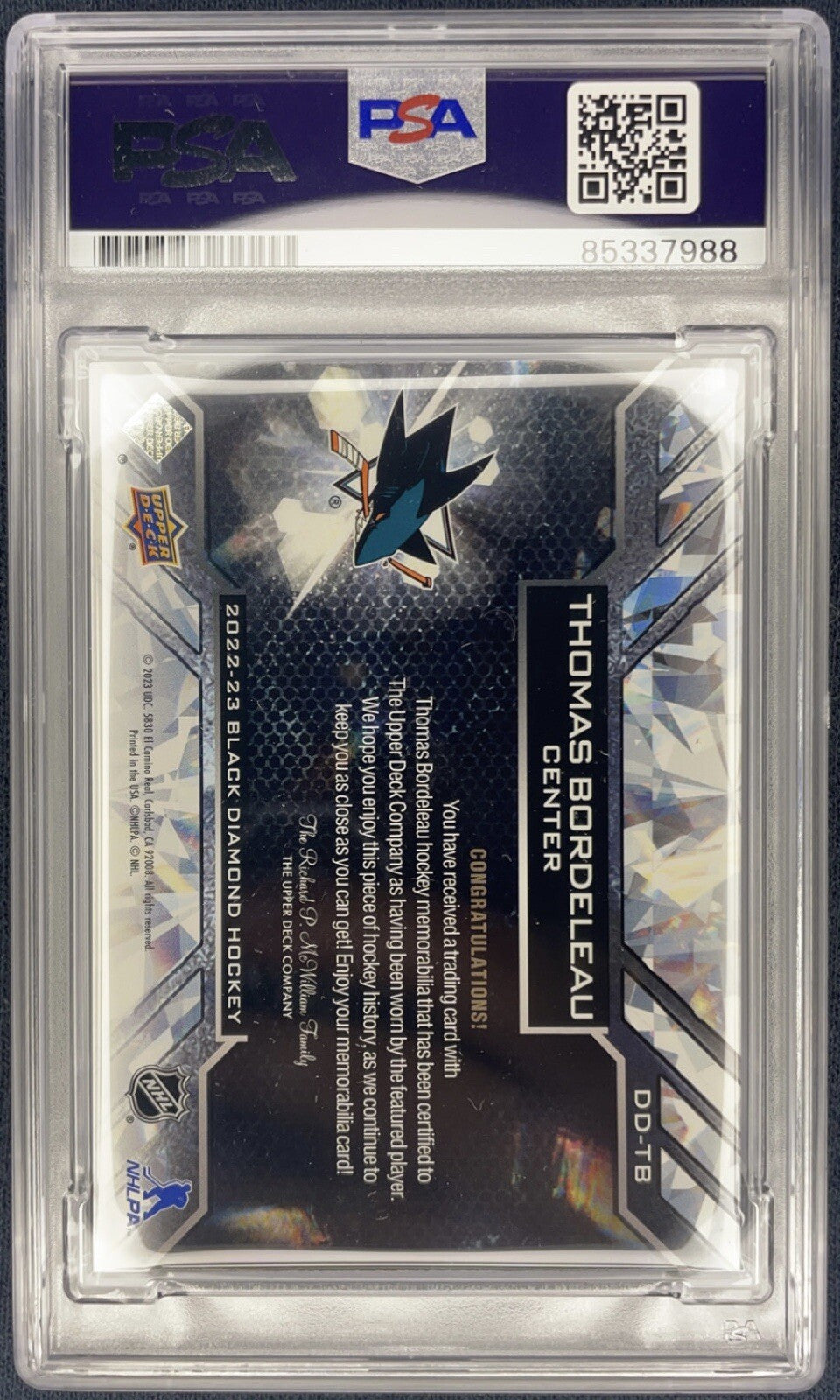 Thomas Bordeleau Signed 2023 Black Diamond Debut Relics RC PSA/DNA Autographed