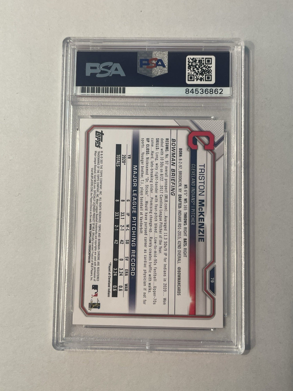 Triston McKenzie Signed 2021 Bowman RC PSA/DNA Encapsulated Indians Autographed
