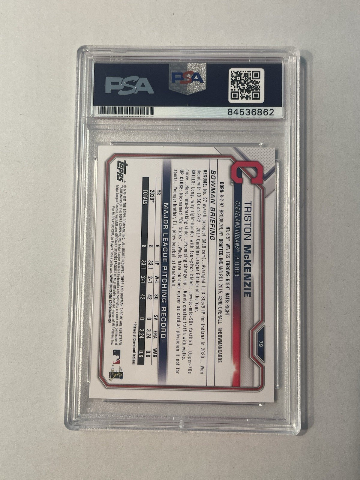 Triston McKenzie Signed 2021 Bowman RC PSA/DNA Encapsulated Indians Autographed