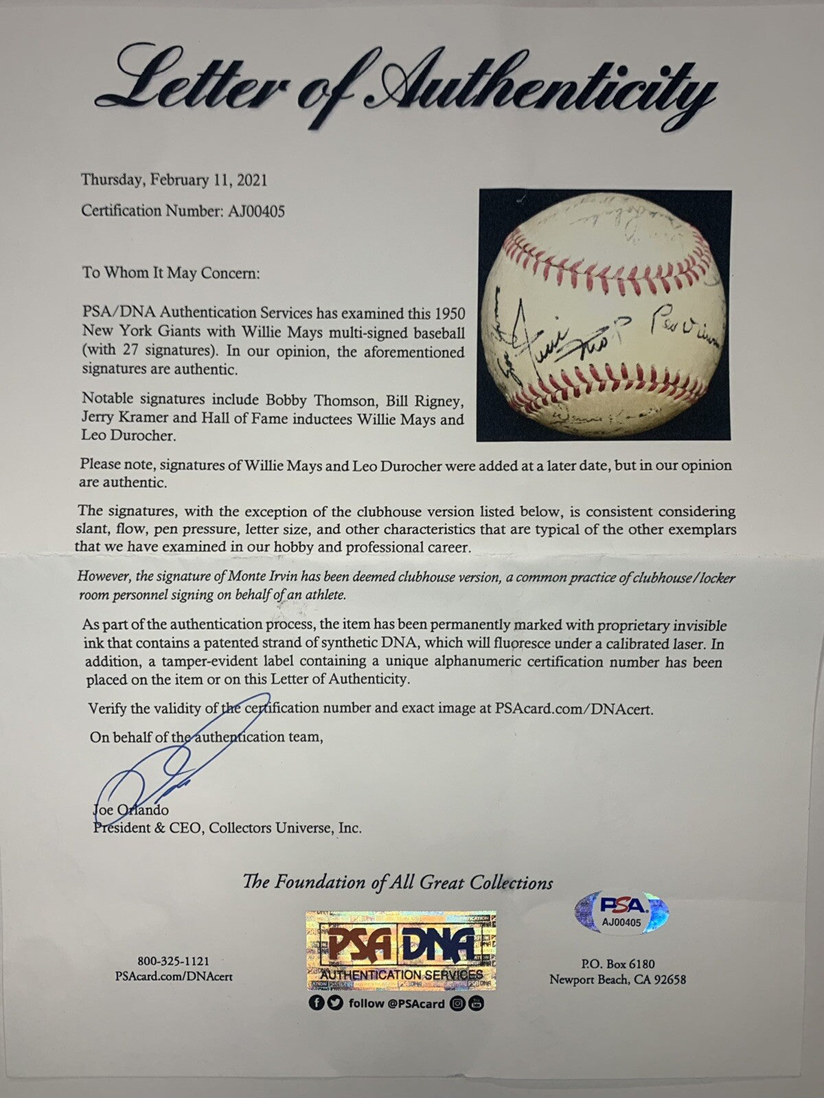 1950 New York Giants Team Signed Baseball PSA/DNA Autographed 27 Sigs with Mays