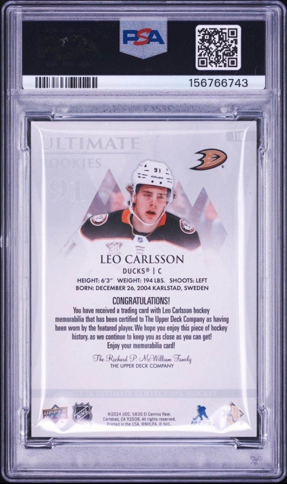 Leo Carlsson Signed 2023 UD UC Ultimate Rookies PSA Patch Auto Rookie RPA #110