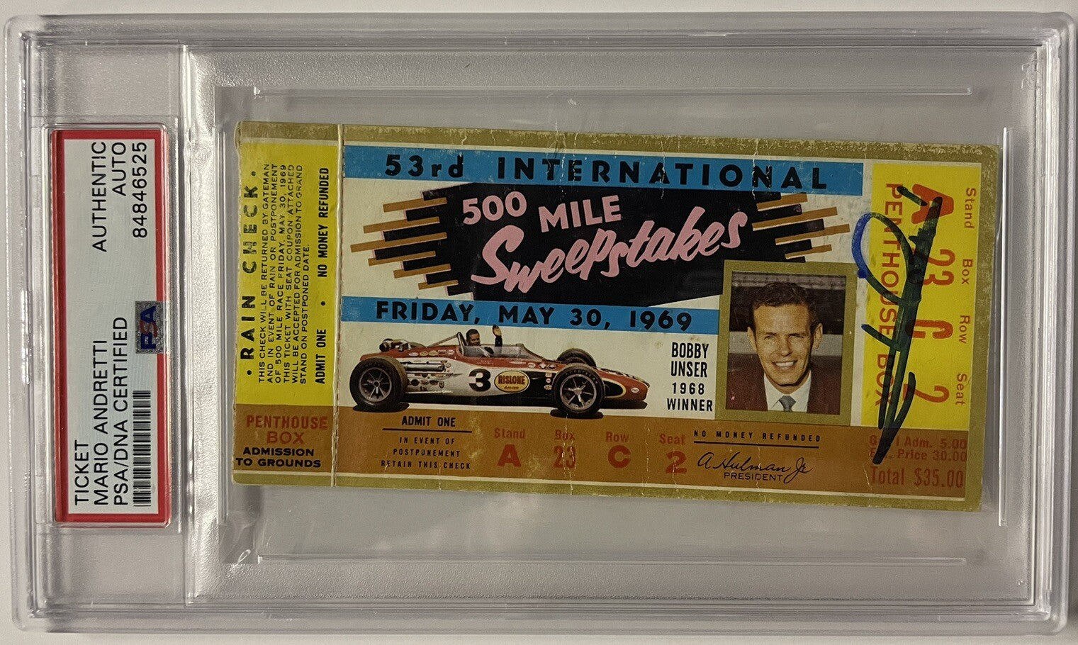 Mario Andretti Signed 1969 Indy 500 Ticket PSA/DNA Autographed Winner Legend
