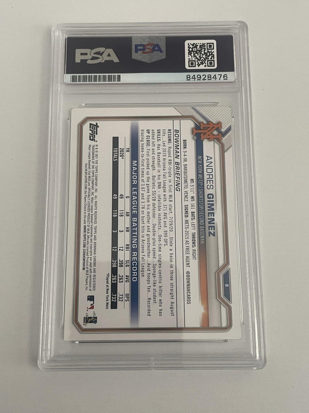 Andres Gimenez Signed 2021 Bowman RC PSA/DNA Encapsulated Indians Autographed