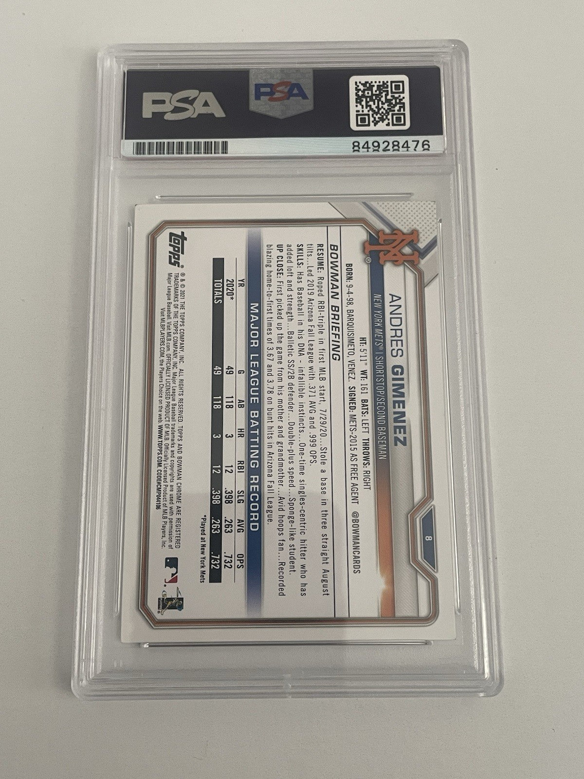 Andres Gimenez Signed 2021 Bowman RC PSA/DNA Encapsulated Indians Autographed