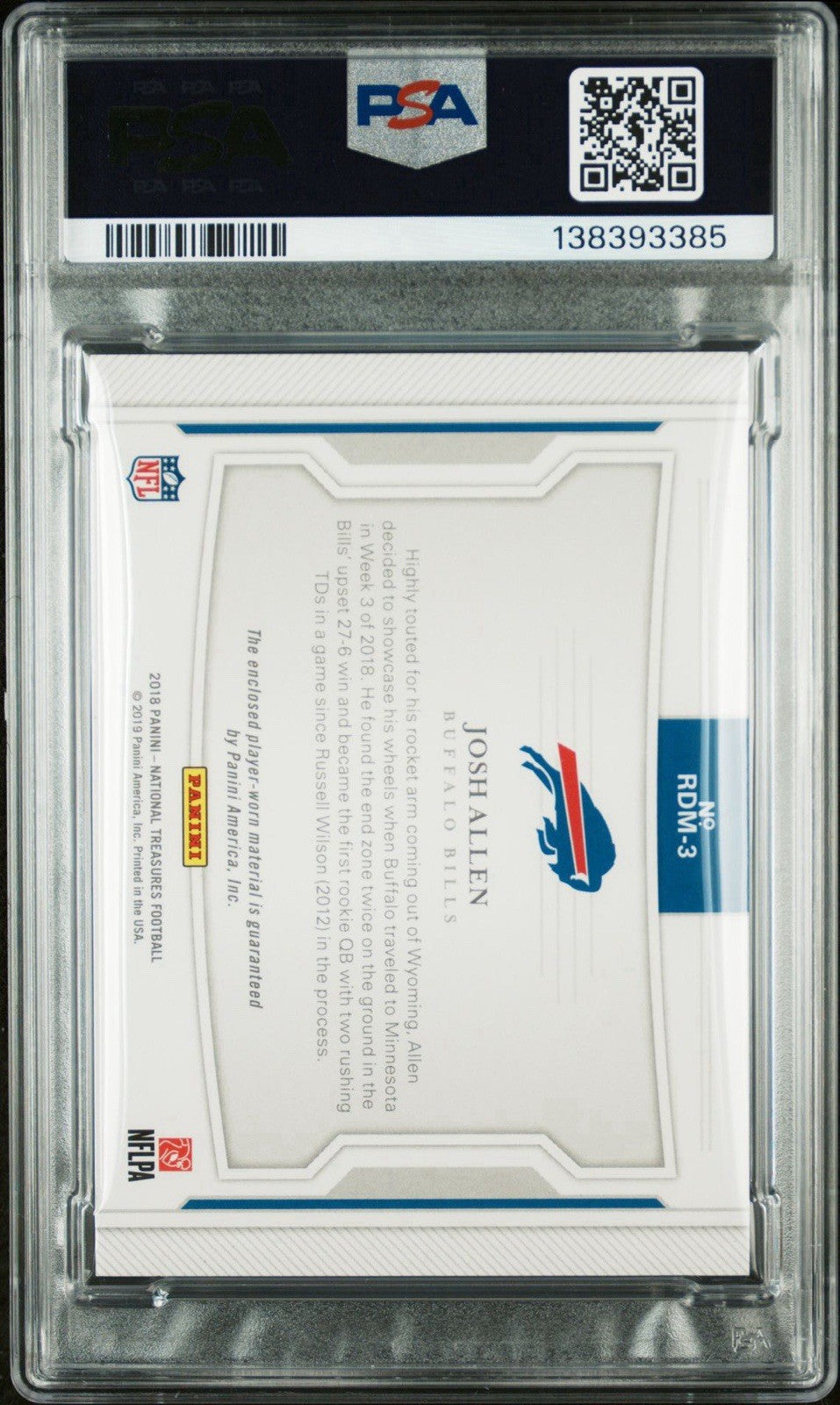 Josh Allen Signed 2018 National Treasures Rookie Dual Materials PSA/DNA Auto 10