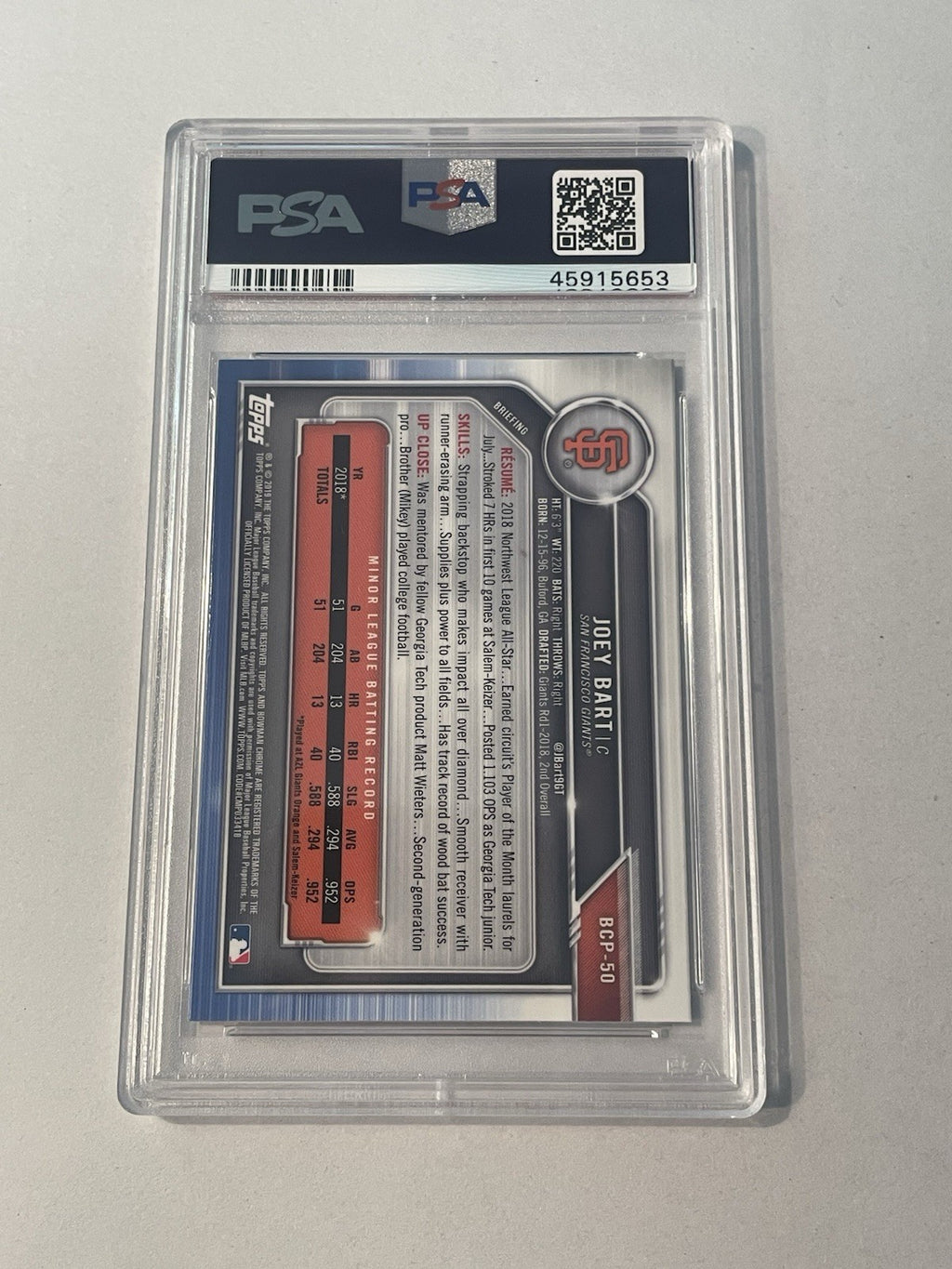 Joey Bart 2019 1st Bowman Mega Box Mojo PSA/DNA PSA 10 #BCP-50 Giants Pirates