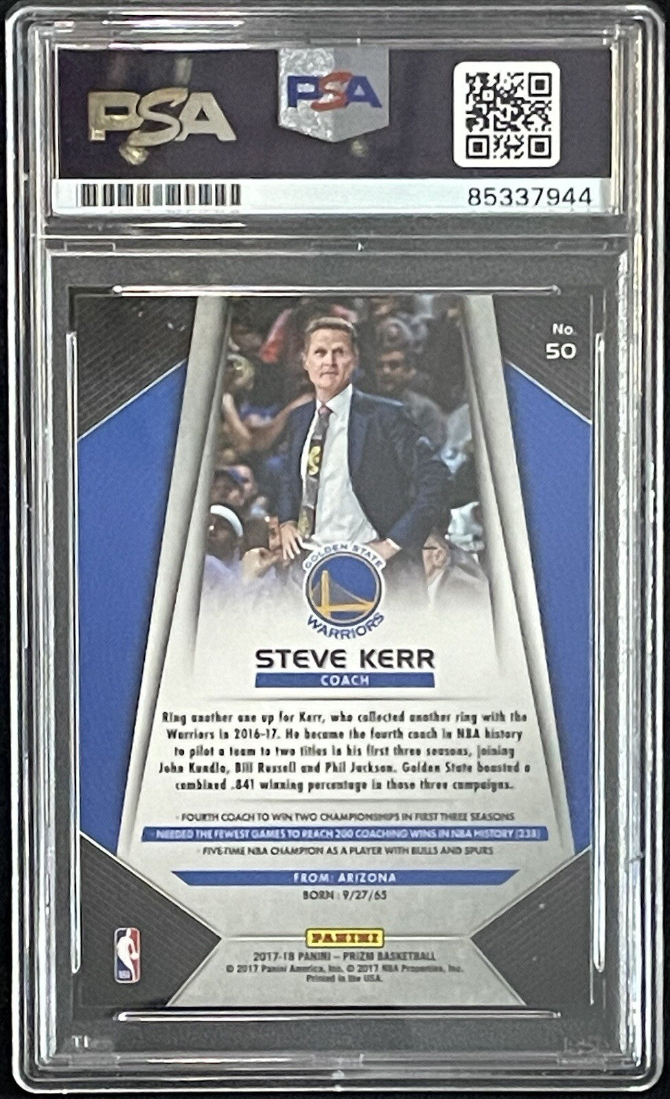 Steve Kerr Signed 2017-18 Panini Prizm #50 PSA/DNA Autographed Warriors