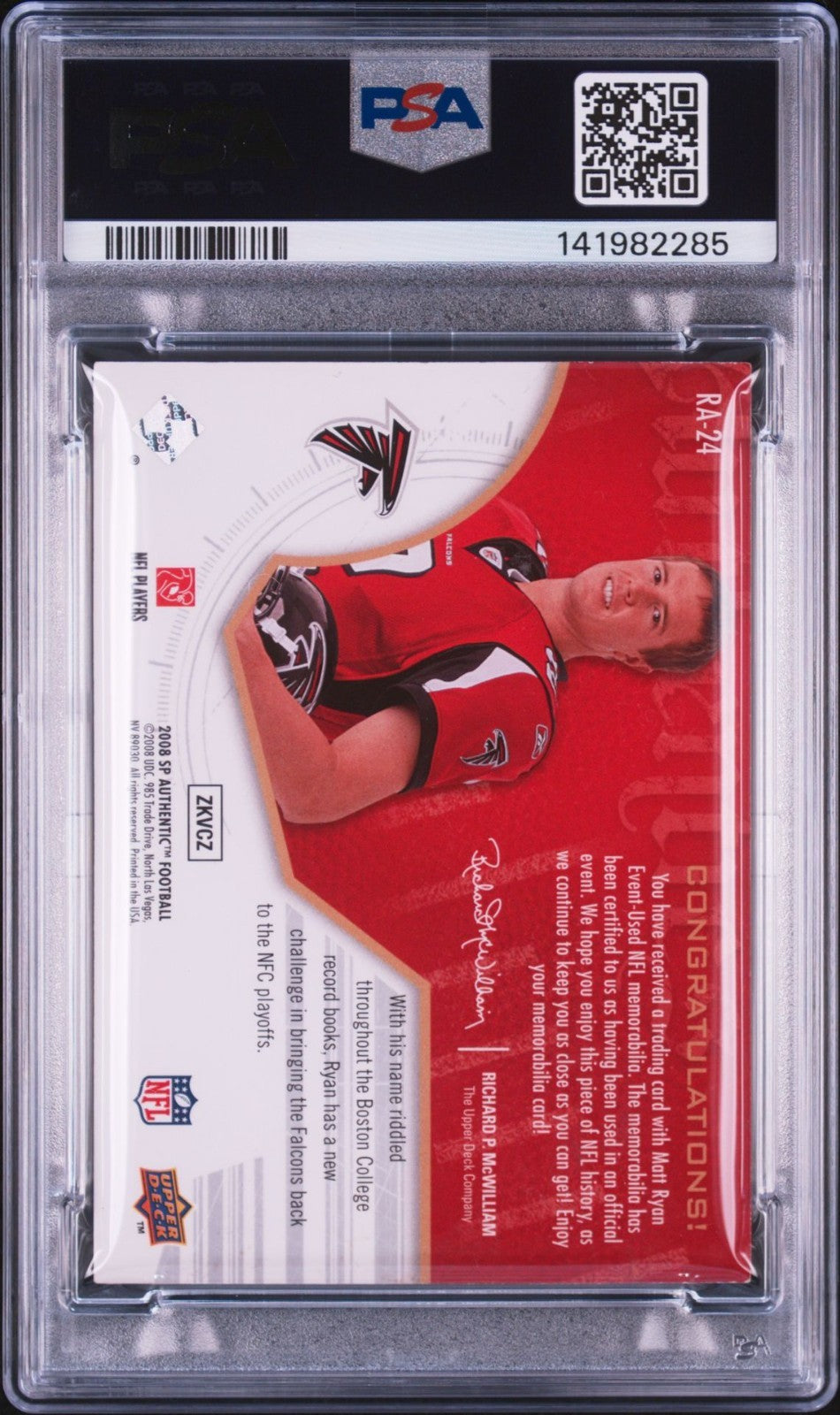 Matt Ryan Signed 2008 SP Authentic Rookie Jersey PSA Auto 10 #RA-24 RPA Patch