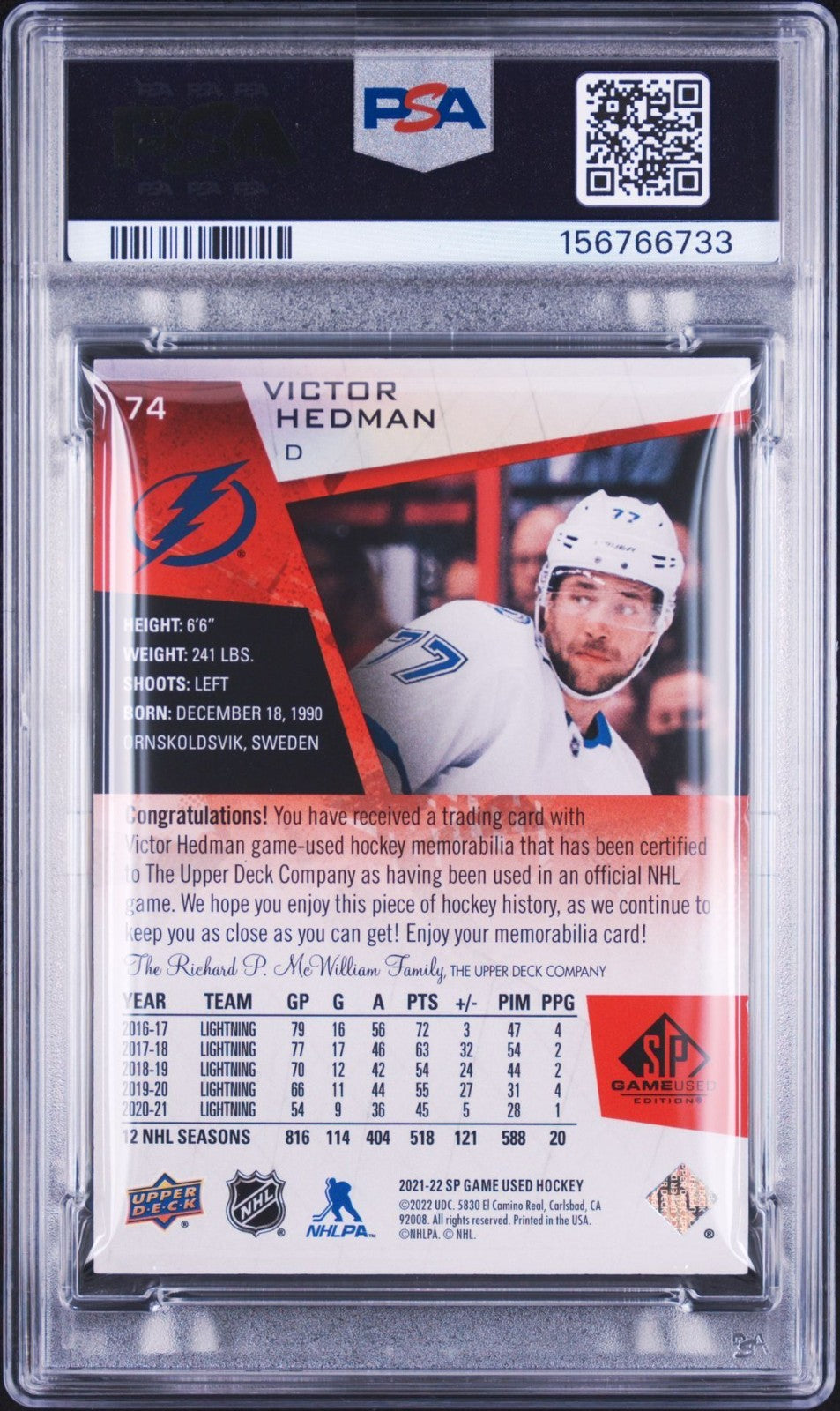 Victor Hedman Signed 2021 SP Game Used Red Jersey #74 PSA/DNA Patch Auto