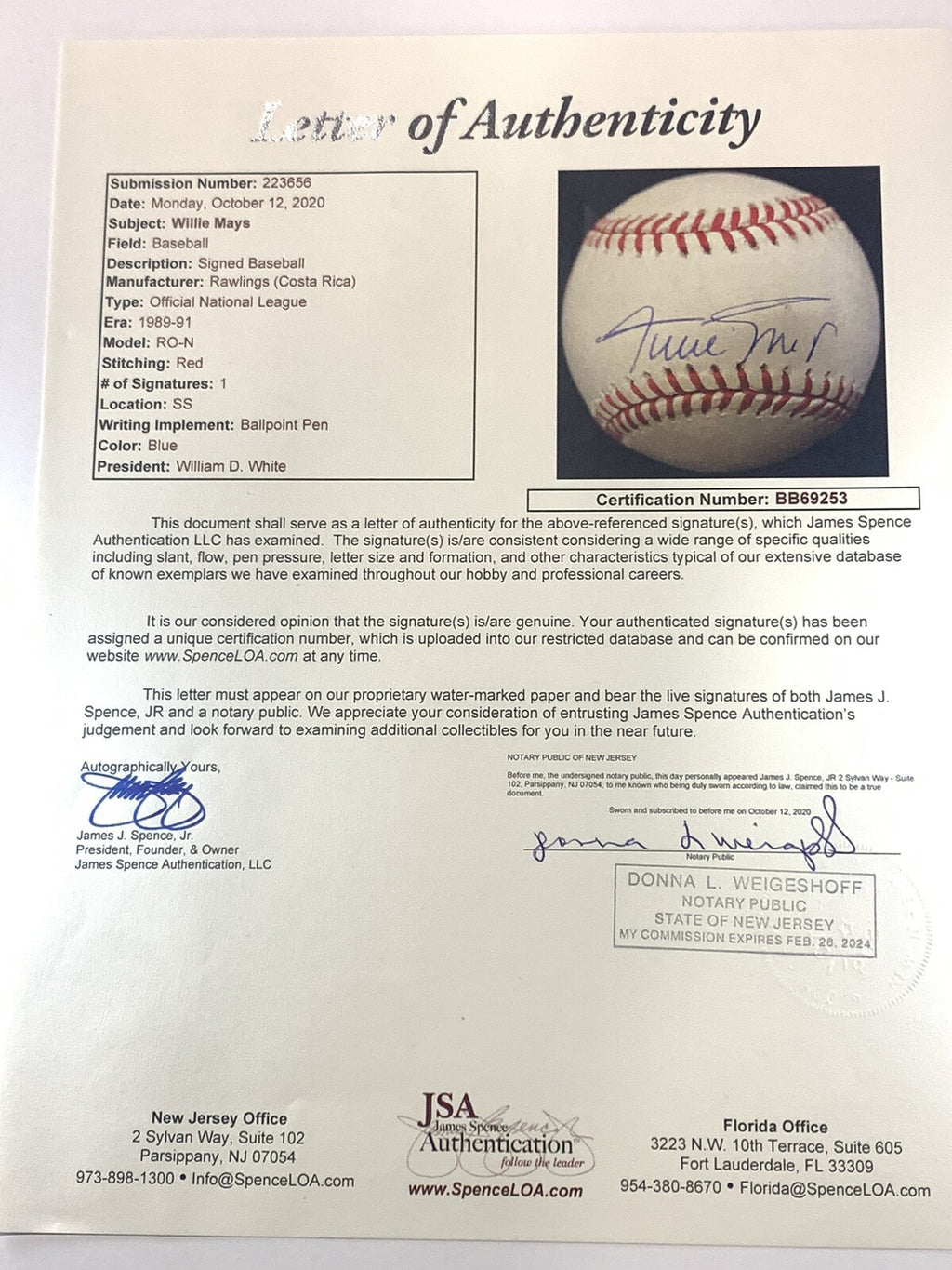 Willie Mays Signed Baseball JSA New York San Francisco Giants Autographed GOAT