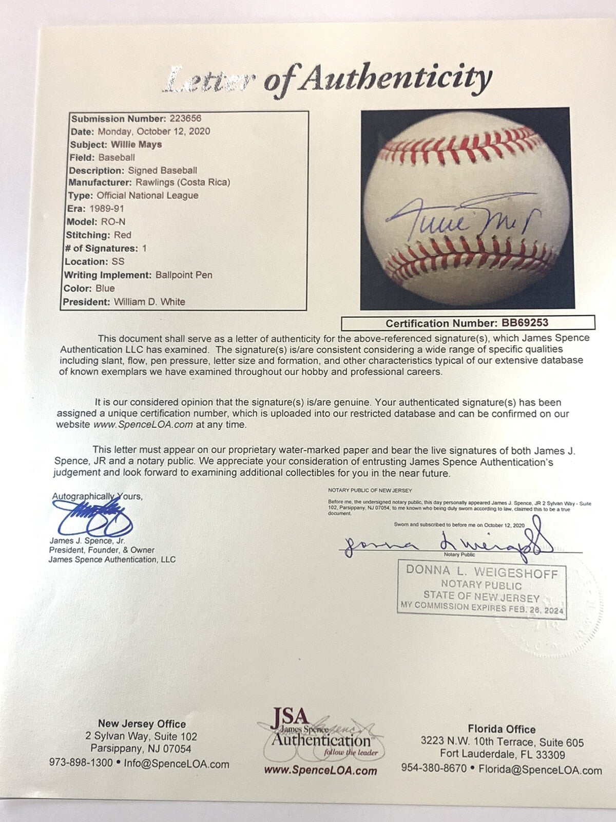 Willie Mays Signed Baseball JSA New York San Francisco Giants Autographed GOAT