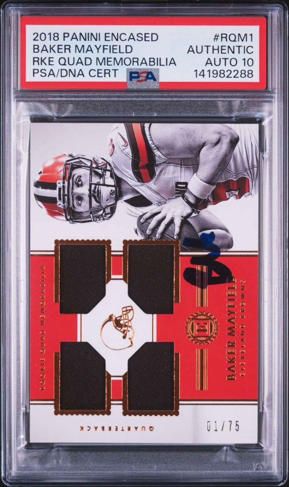 Baker Mayfield Signed 2018 Panini Encased Rookie Quad Memorabilia PSA Auto 10