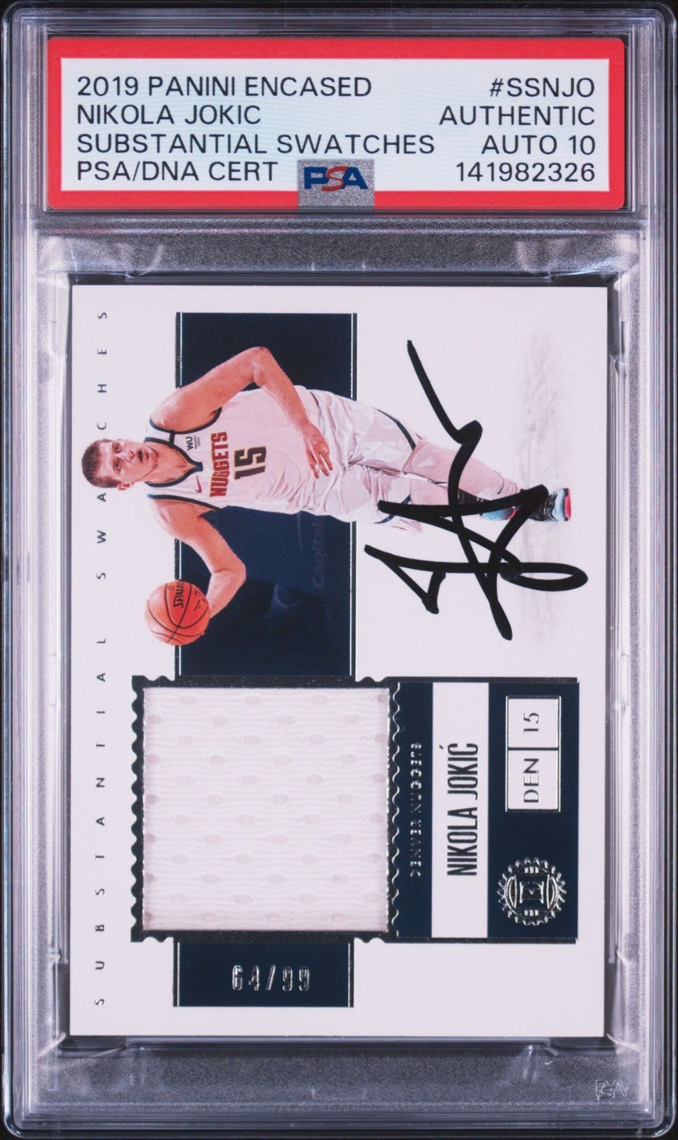 Nikola Jokic Signed 2019 Panini Encased Substantial Swatches PSA Auto 10 #SSNJD