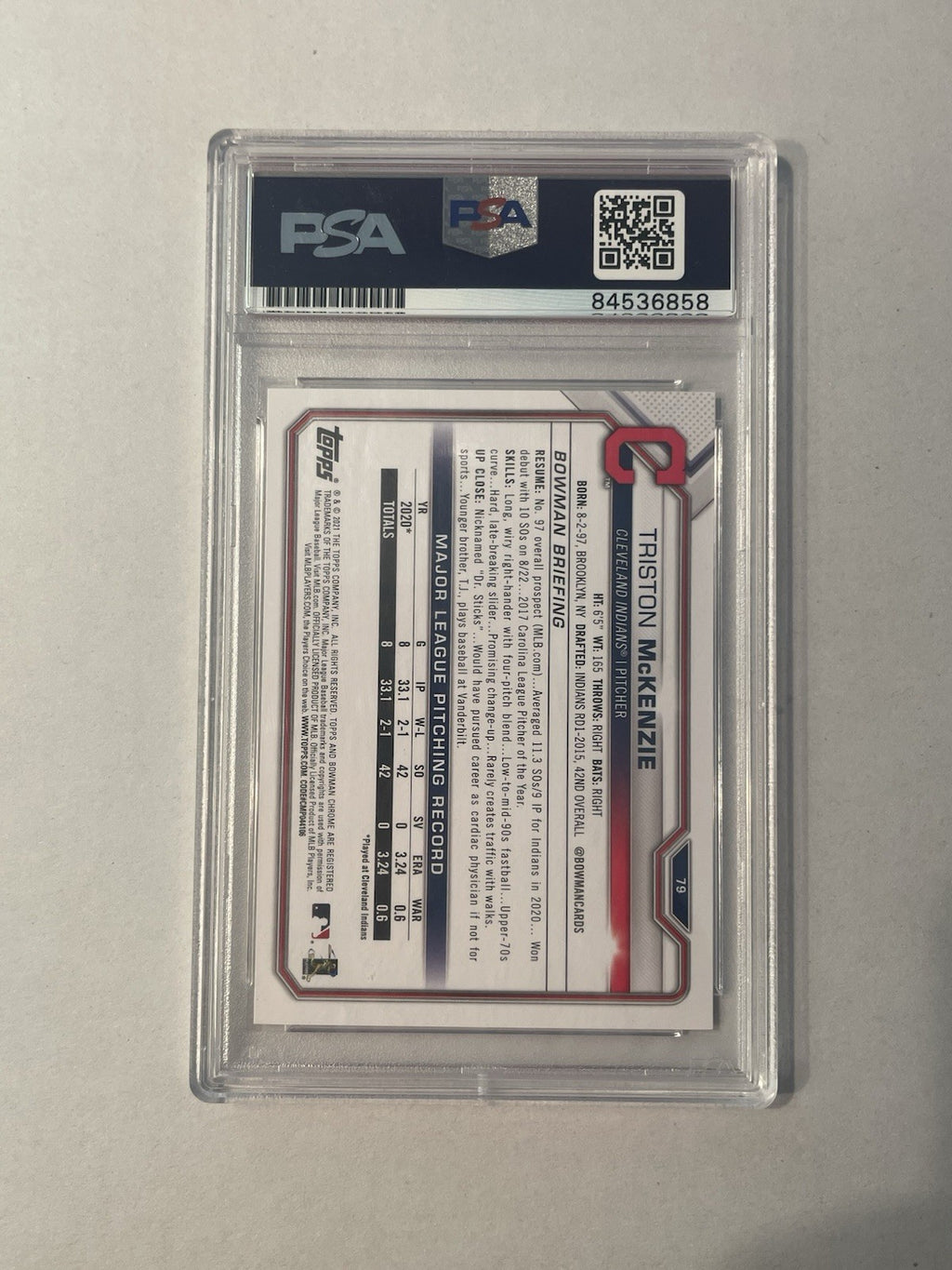 Triston McKenzie Signed 2021 Bowman RC PSA/DNA Encapsulated Indians Autographed
