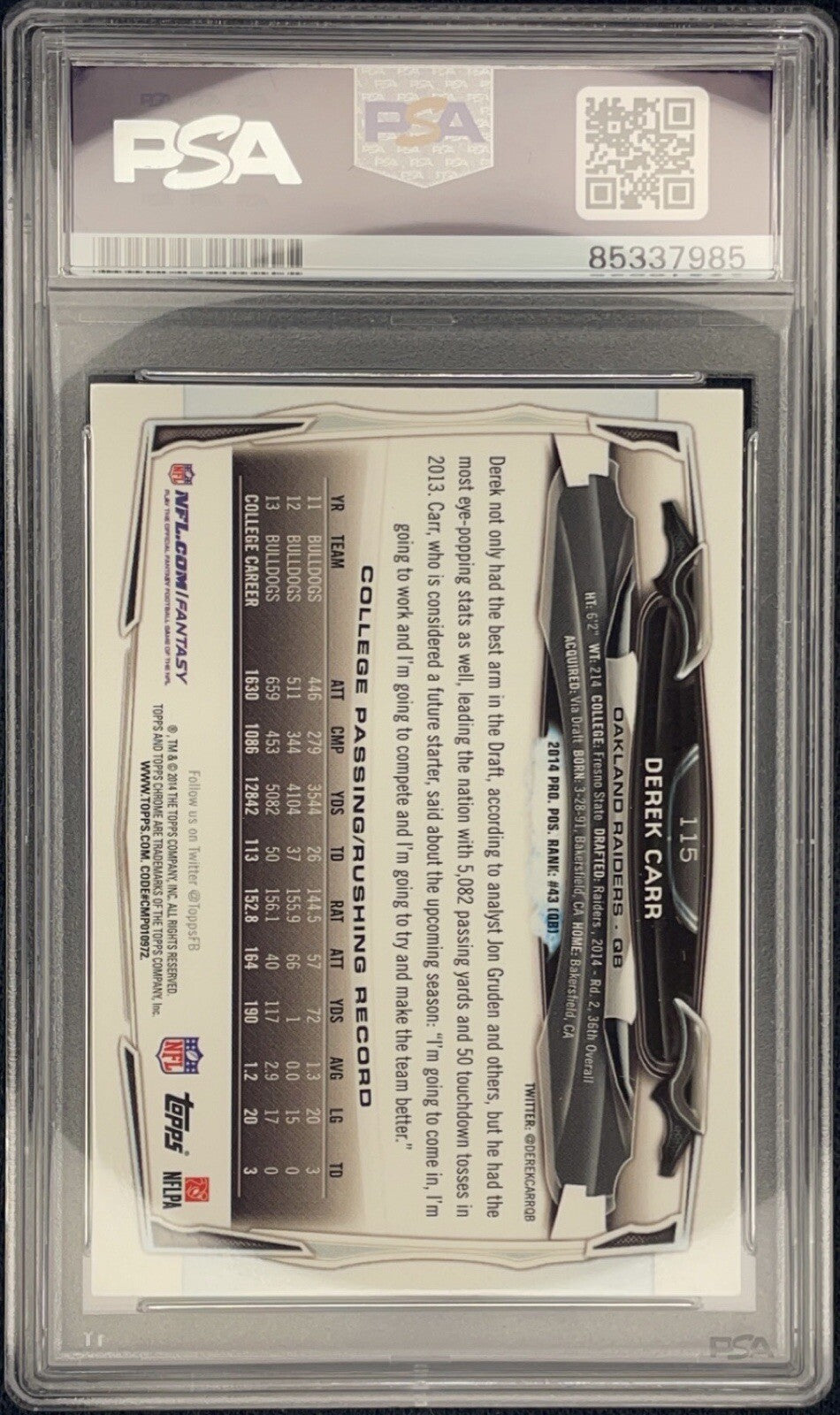 Derek Carr Signed 2014 Topps Chrome Rookie Card RC #115 PSA/DNA Autographed