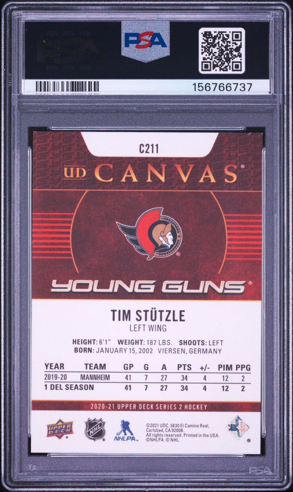 Tim Stutzle Signed 2020 UD Young Guns Canvas PSA/DNA Auto Rookie RC #C211 Sens