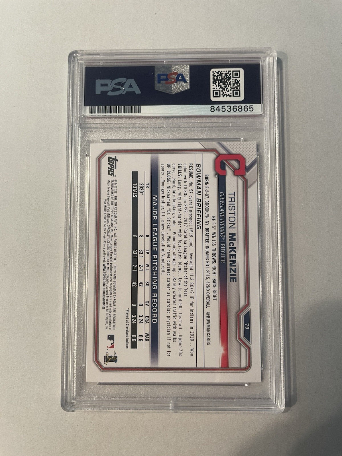 Triston McKenzie Signed 2021 Bowman RC PSA/DNA Encapsulated Indians Autographed