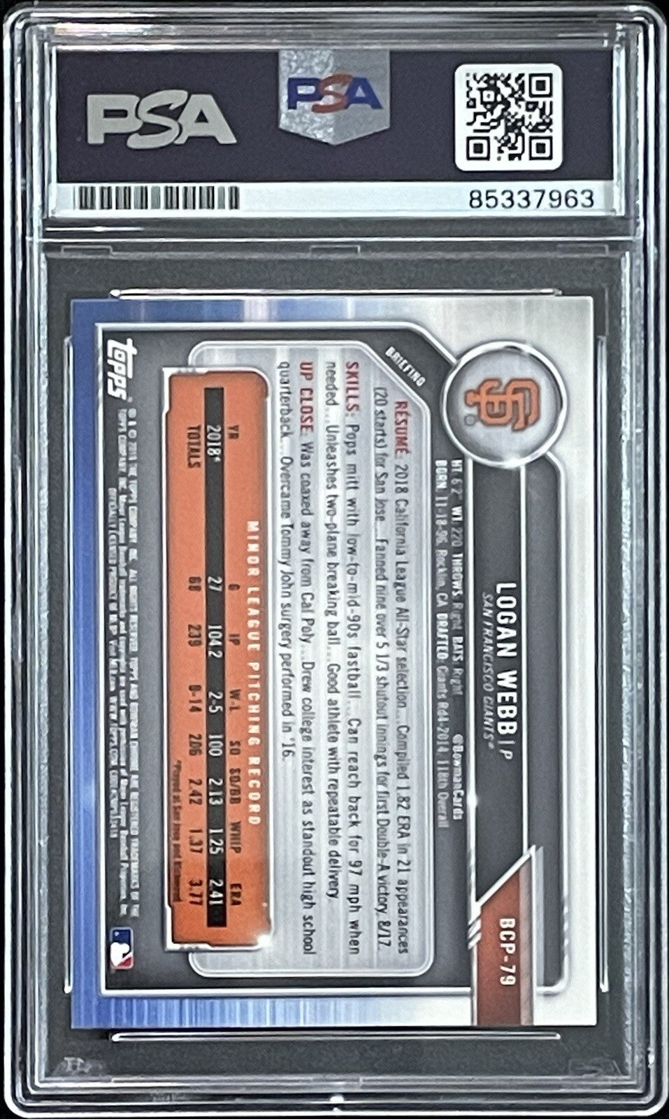 Logan Webb Signed 2019 1st Bowman Chrome Mojo #BCP-79 PSA/DNA Autographed