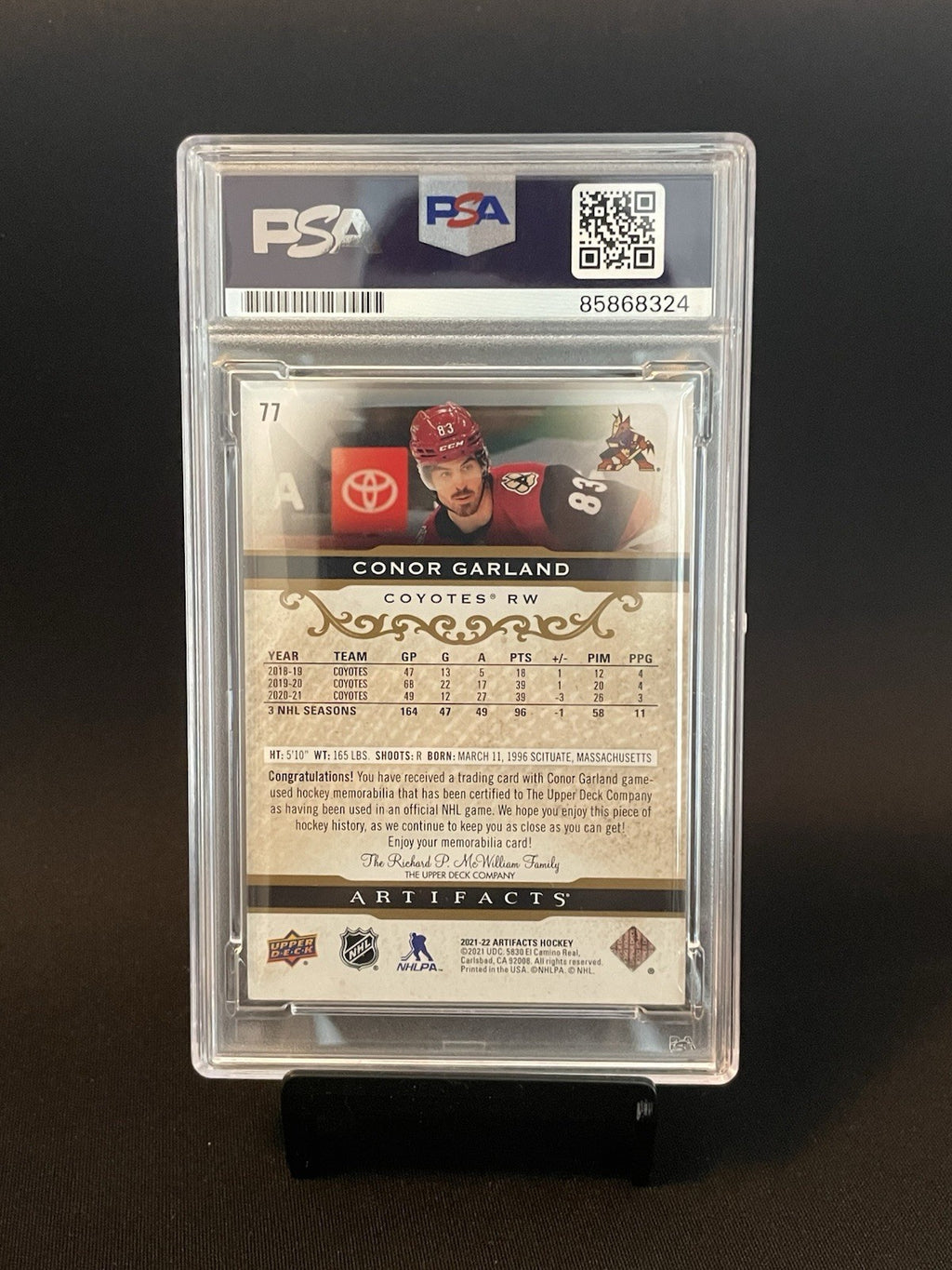 Conor Garland Signed 2021 UD Artifacts PSA Patch Auto 10 #77 Autographed /249