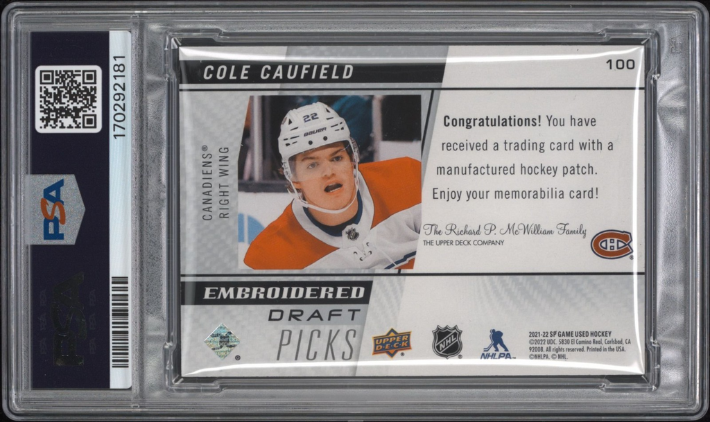 Cole Caufield Signed 2021 SP Game Used Embroidered PSA Rookie Patch Auto 10 #100
