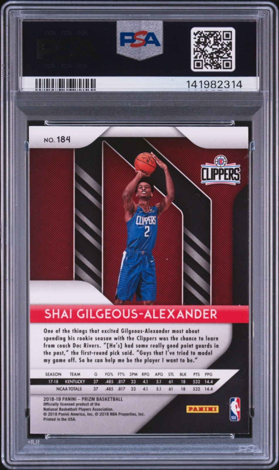 Shai Gilgeous-Alexander Signed 2018 Panini Prizm PSA Auto 10 Rookie RC #184