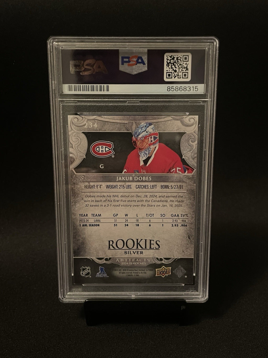 Jakub Dobes Signed 2024 UD Artifacts PSA Silver Rookies #234 Autographed RC Habs