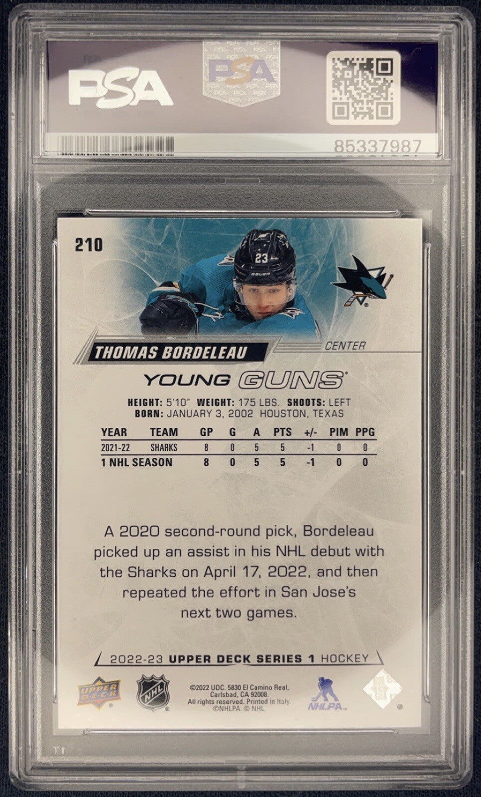 Thomas Bordeleau Signed 2022-23 Young Guns RC PSA/DNA Encapsulated Autographed