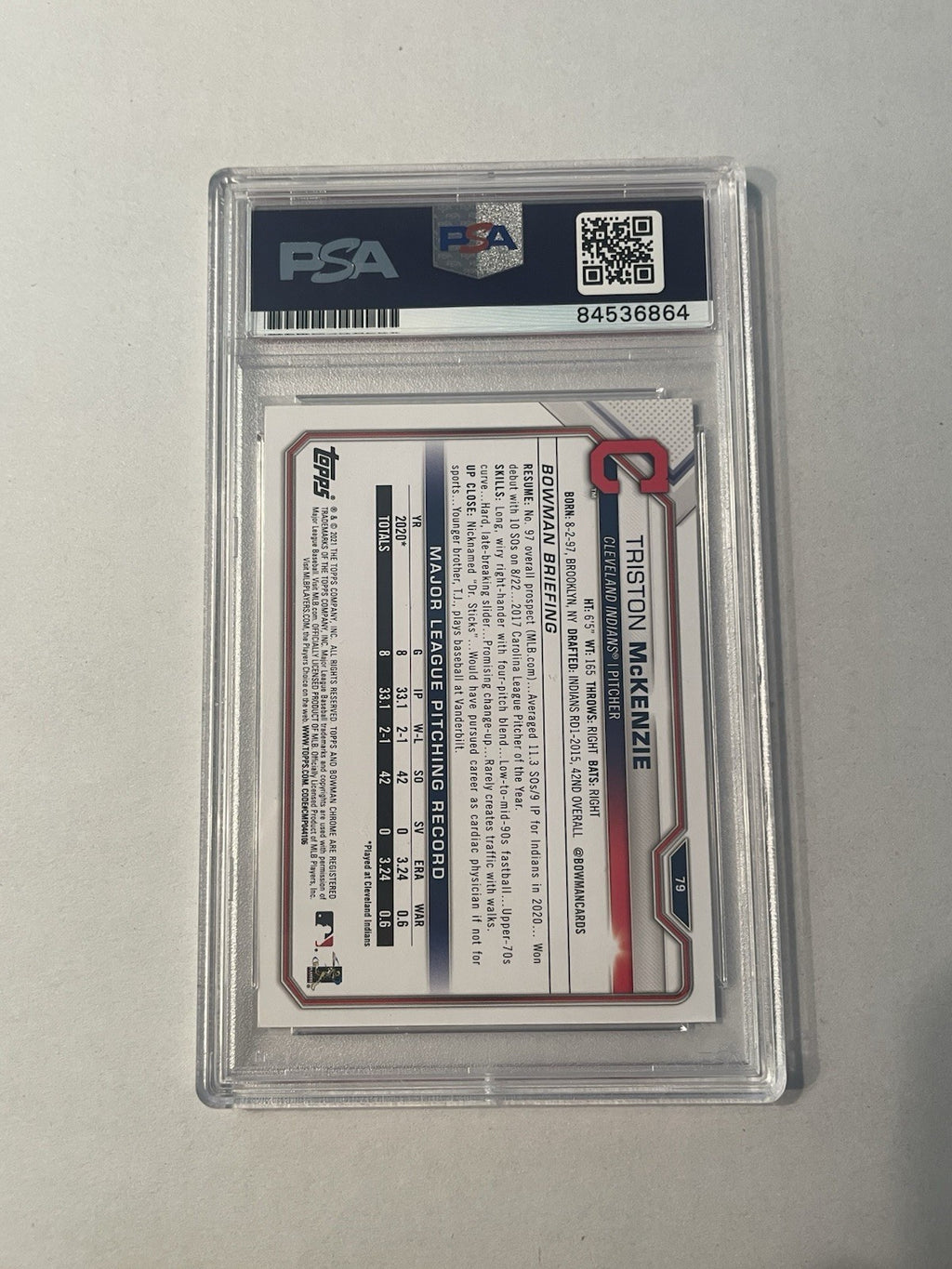 Triston McKenzie Signed 2021 Bowman RC PSA/DNA Encapsulated Indians Autographed