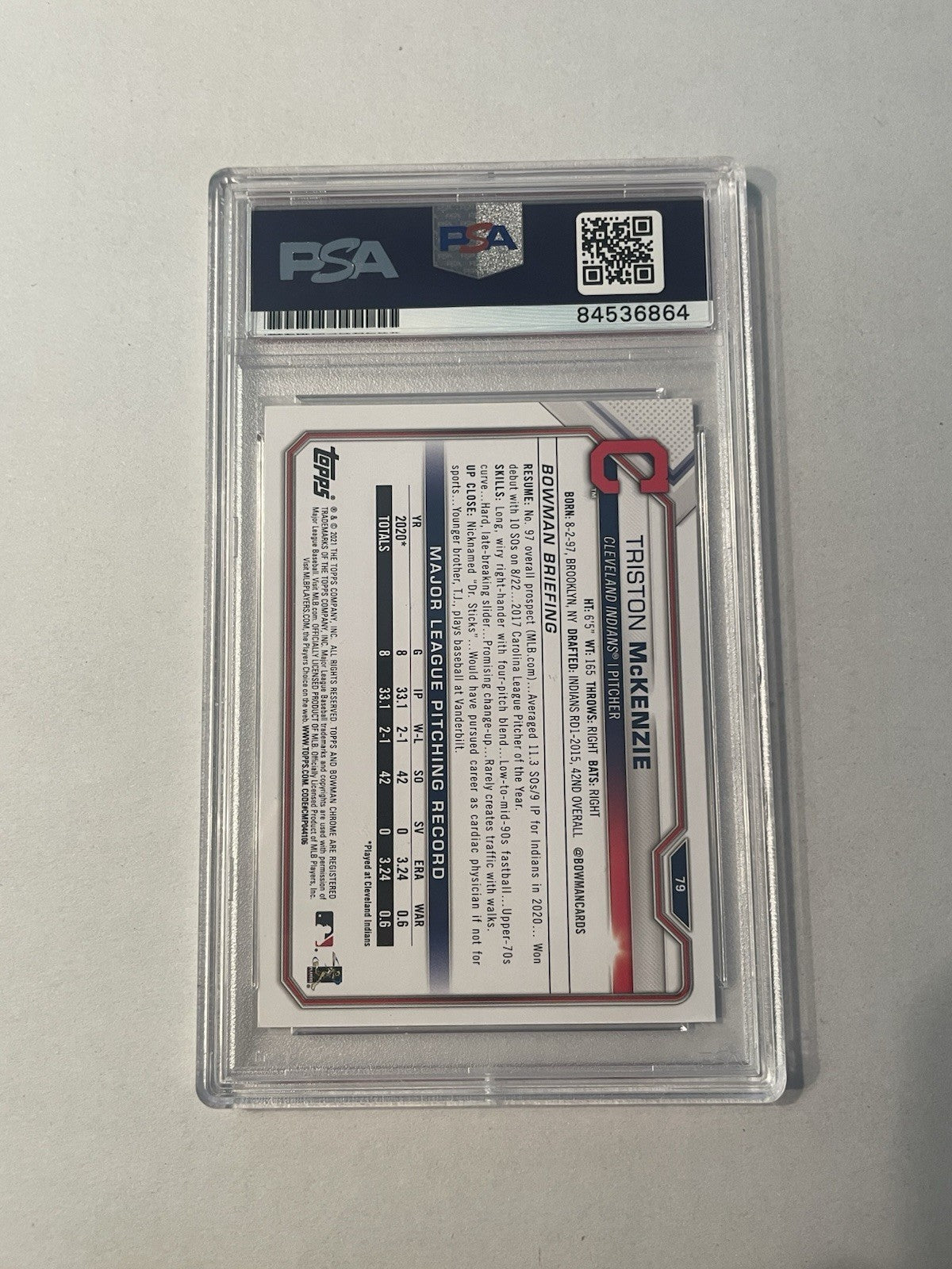 Triston McKenzie Signed 2021 Bowman RC PSA/DNA Encapsulated Indians Autographed