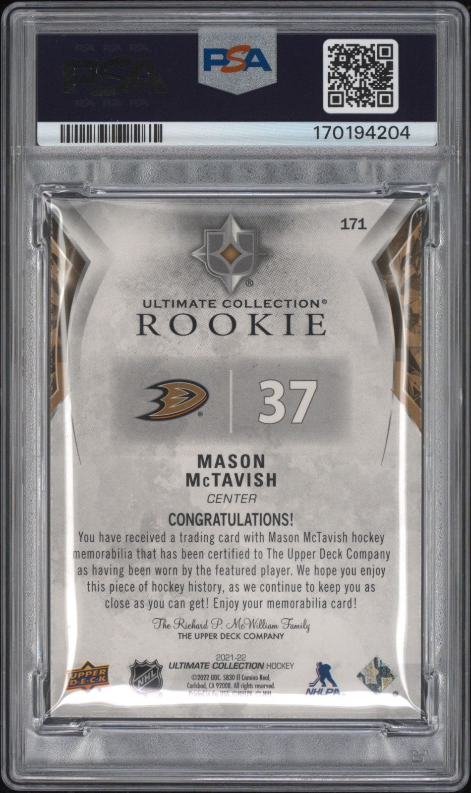 Mason McTavish Signed 2021 UD UC PSA/DNA Rookie Patch Auto #171