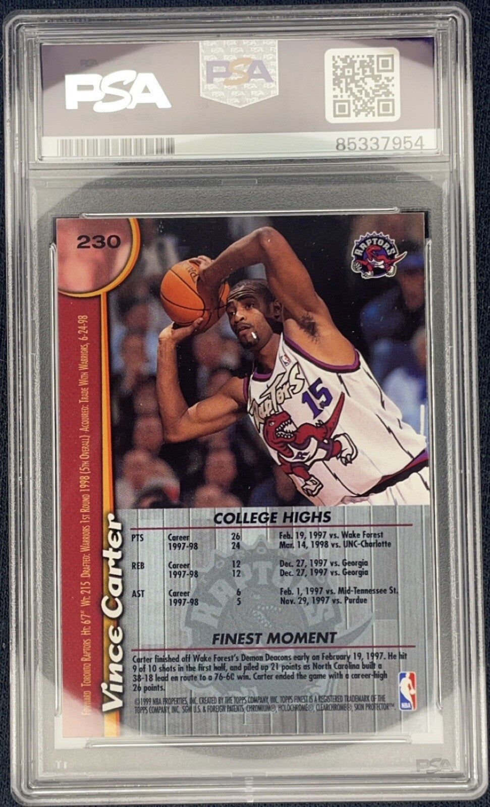 Vince Carter Signed 1999 Topps Finest #230 RC PSA/DNA Autographed Rookie w/ Film