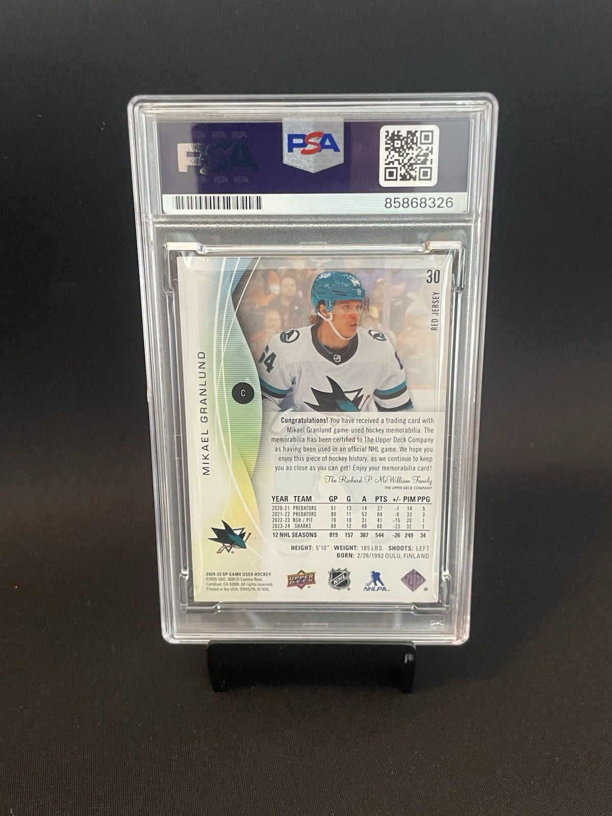 Mikael Granlund Signed 2024 SP Game Used Red Jersey PSA Patch Auto 10 #30