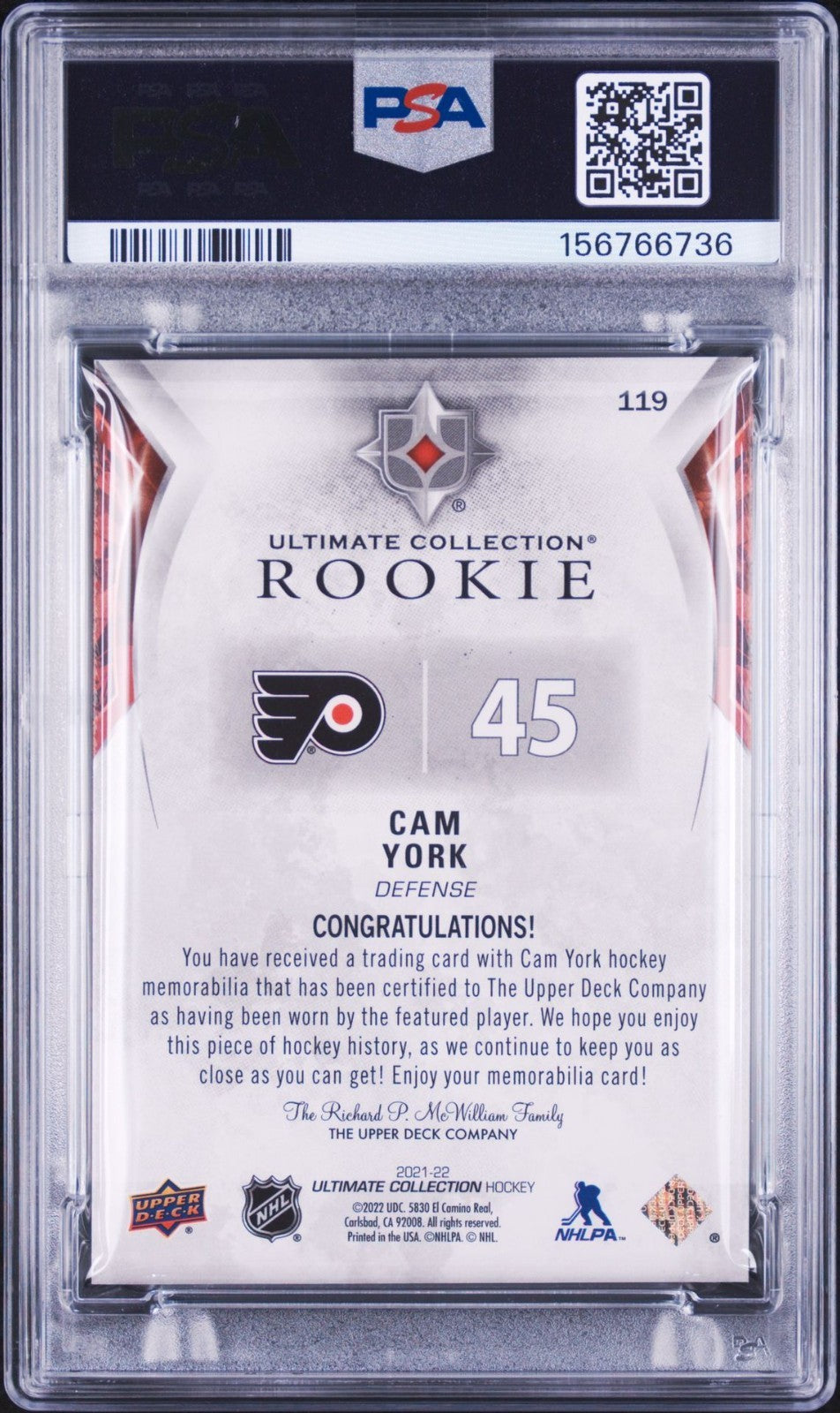 Cam York Signed 2021 UD Ultimate Collection PSA Patch Auto Rookie RC RPA #119