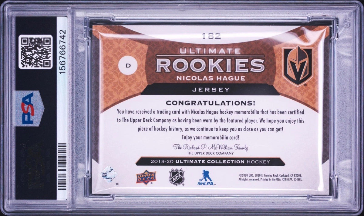 Nicolas Hague Signed 2019 UD Ultimate Collection PSA Patch Auto Autographed RC