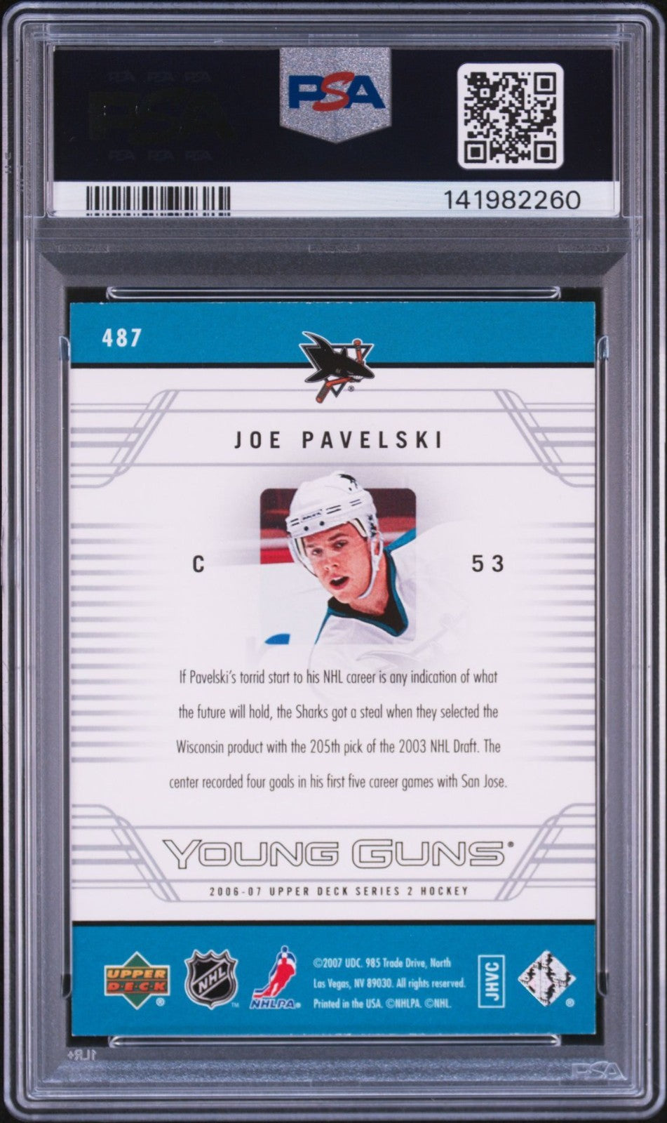Joe Pavelski Signed 2006 UD Young Guns PSA/DNA Rookie Auto 10 RC #487 SJ Sharks