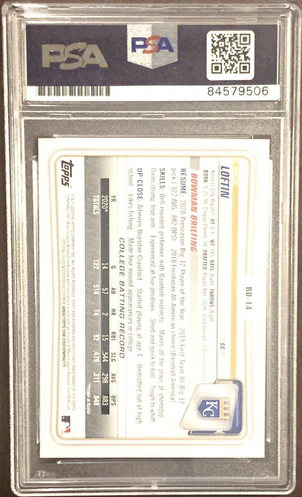 Nick Loftin Signed 2020 1st Bowman RC PSA/DNA PSA 10 Auto Autographed #BD-14