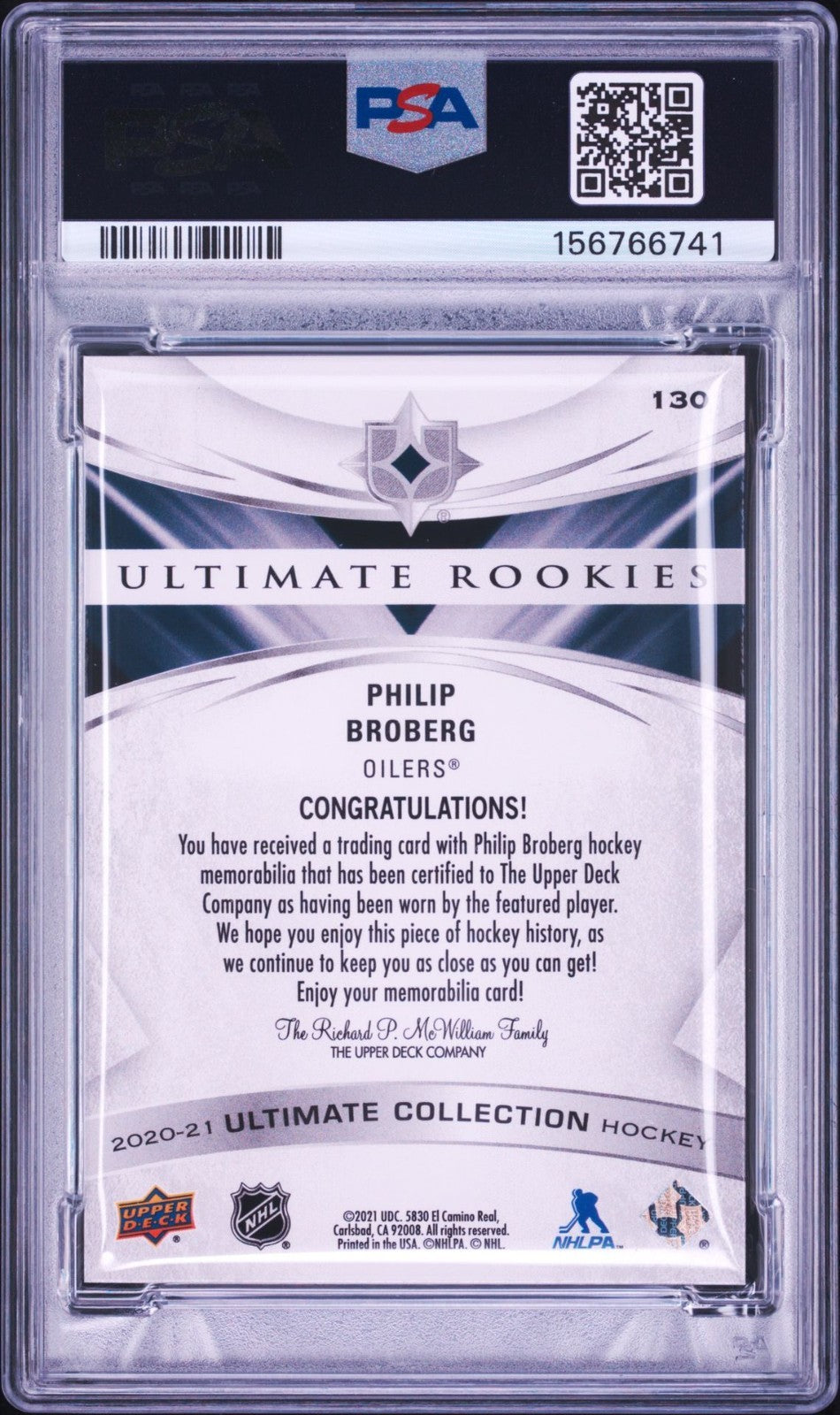 Philip Broberg Signed 2020 UD Ultimate Collection PSA Patch Auto Rookie RPA #130