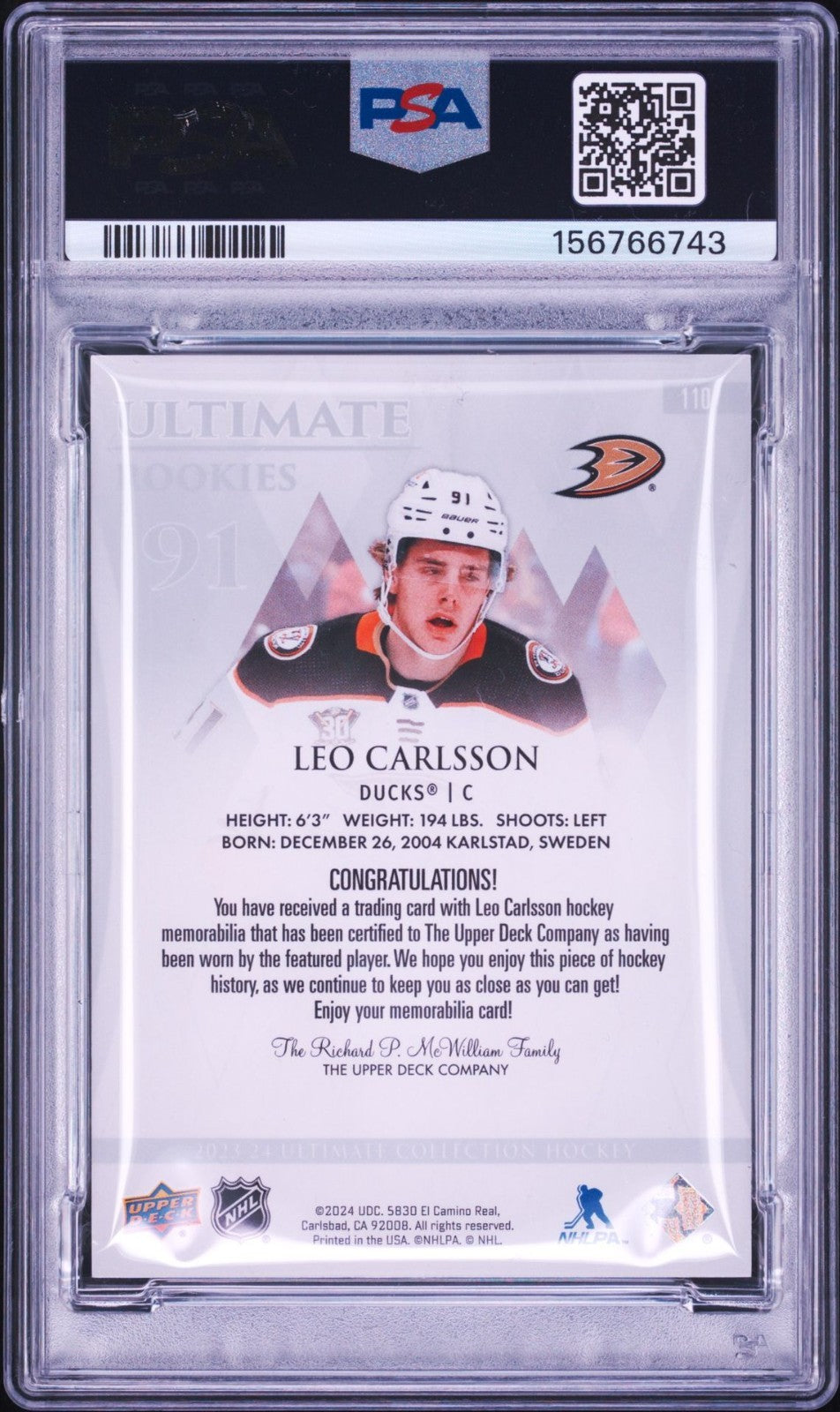 Leo Carlsson Signed 2023 UD Ultimate Collection PSA Patch Auto Rookie RPA #110