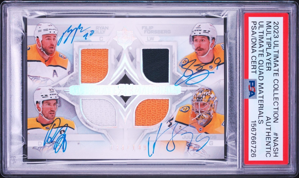 O'Reilly Forsberg Josi Saros Signed 2023 UC Quad Materials PSA Auto /149 #NASH