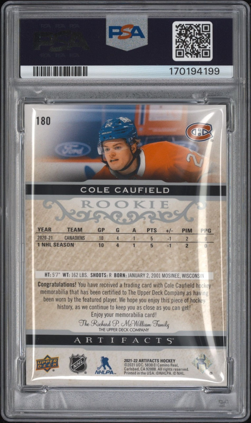 Cole Caufield Signed 2021 UD Artifacts PSA/DNA Rookie Patch Auto RPA #180