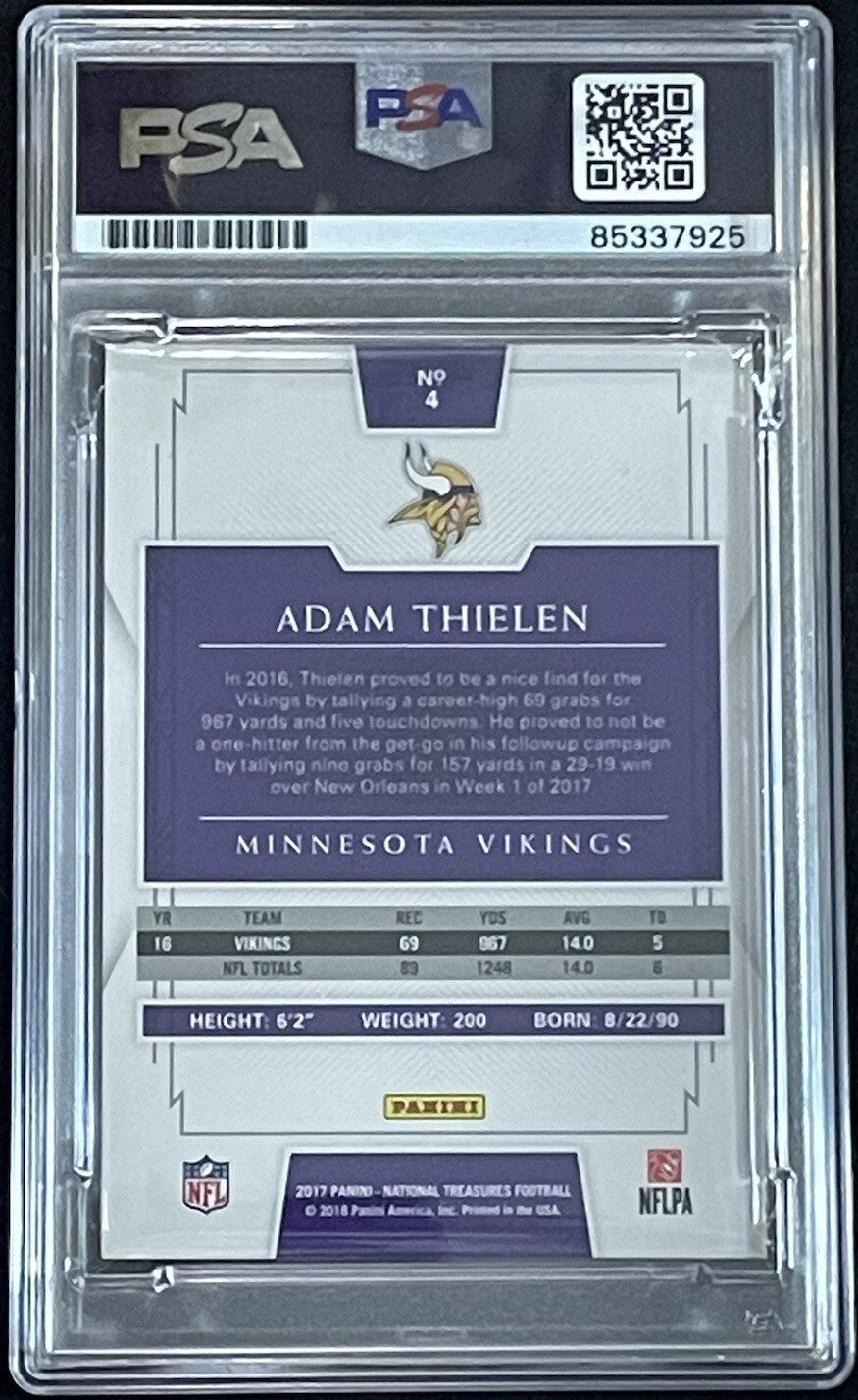 Adam Thielen Signed 2017 Panini National Treasures NT #4 PSA/DNA Autographed