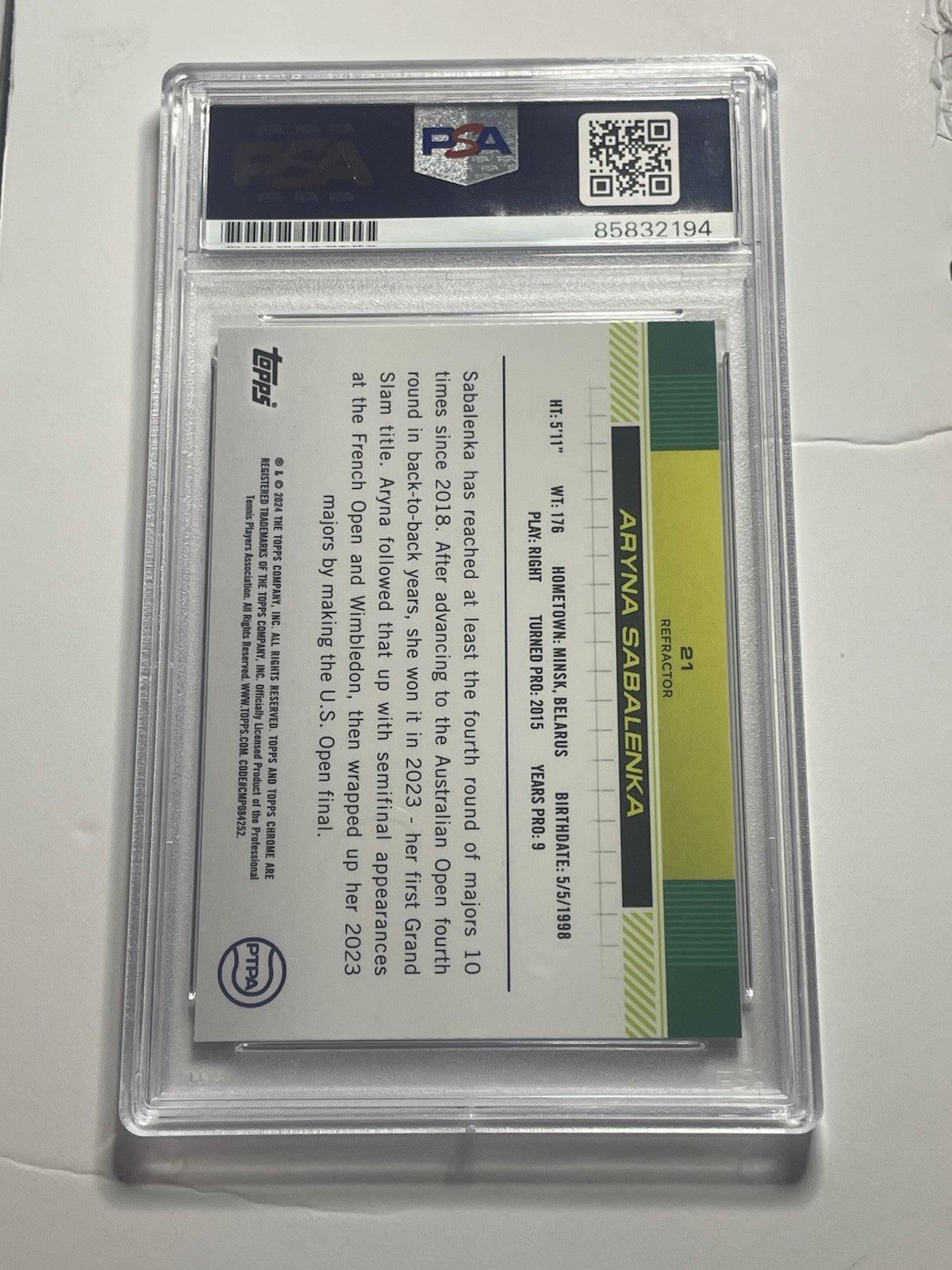Aryna Sabalenka Signed 2024 Topps Chrome Refractor PSA/DNA #21