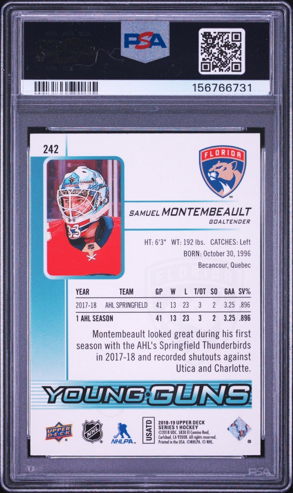 Samuel Montembeault Signed 2018 UD Young Guns PSA #242 Autographed Card