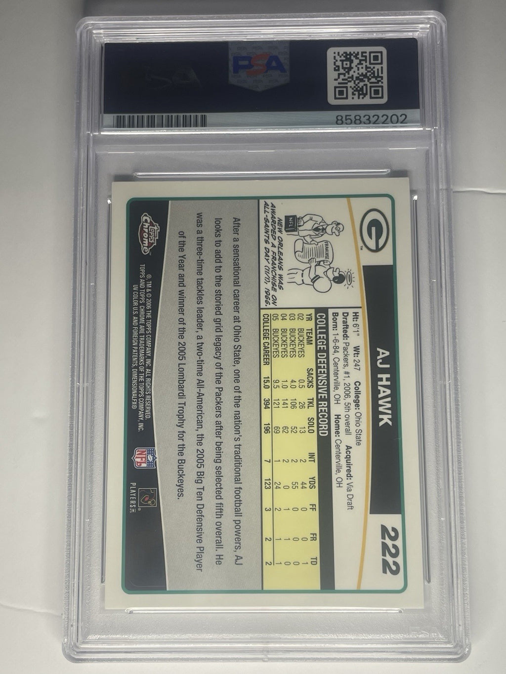AJ Hawk Signed 2006 Topps Chrome PSA 9 Auto Rookie Card RC #222 Autographed