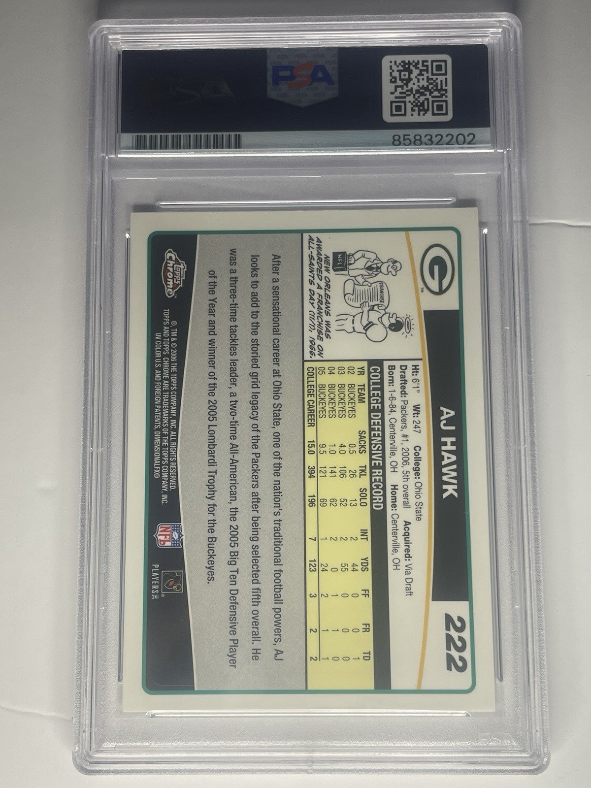 AJ Hawk Signed 2006 Topps Chrome PSA 9 Auto Rookie Card RC #222 Autographed