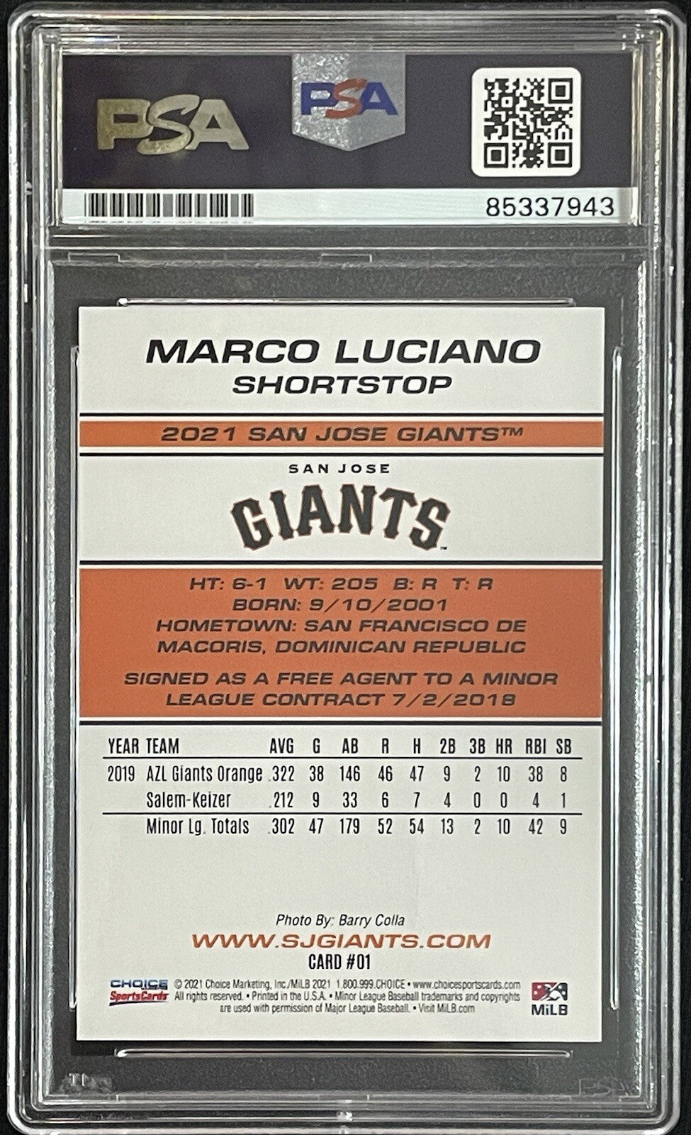 Marco Luciano Signed Choice 2021 Card PRC PSA/DNA Autographed SF Giants