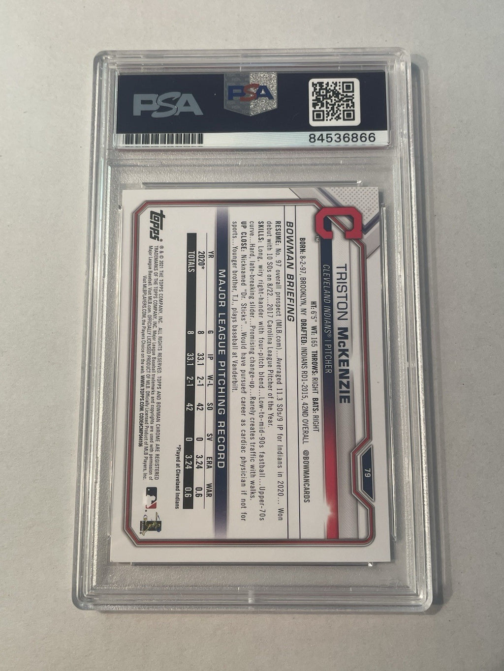Triston McKenzie Signed 2021 Bowman RC PSA/DNA Encapsulated Indians Autographed