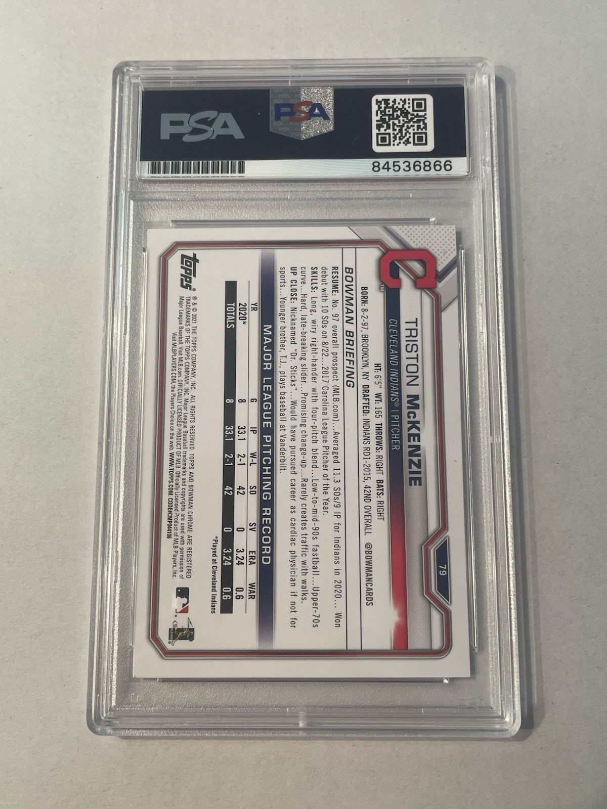 Triston McKenzie Signed 2021 Bowman RC PSA/DNA Encapsulated Indians Autographed