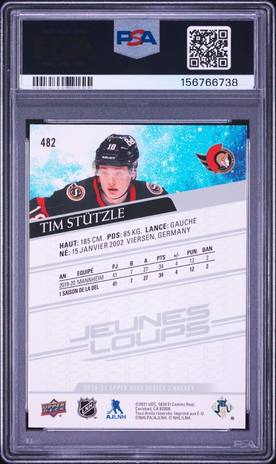 Tim Stutzle Signed 2020 UD Young Guns French Variant PSA/DNA Auto Rookie RC #482